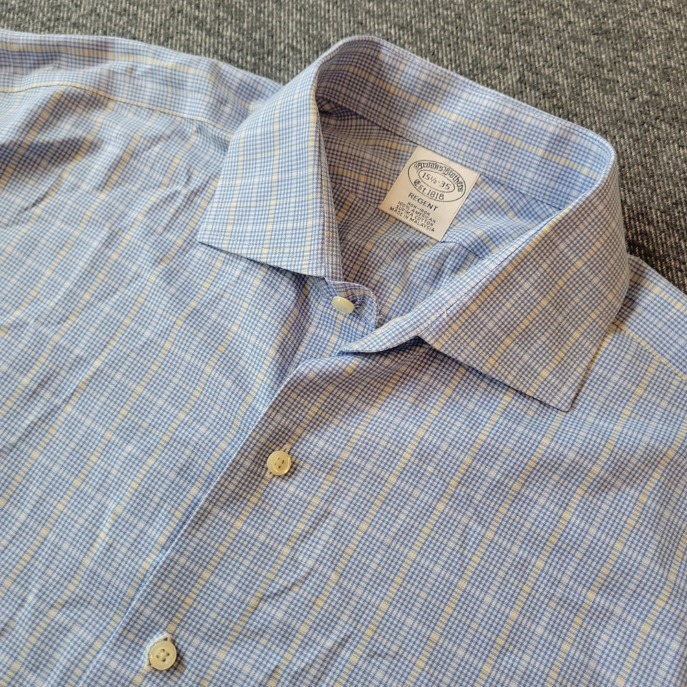 Brooks Brothers Dress Shirt Men's 15.5 35 Regent Blue Yellow Plaid Non Iron